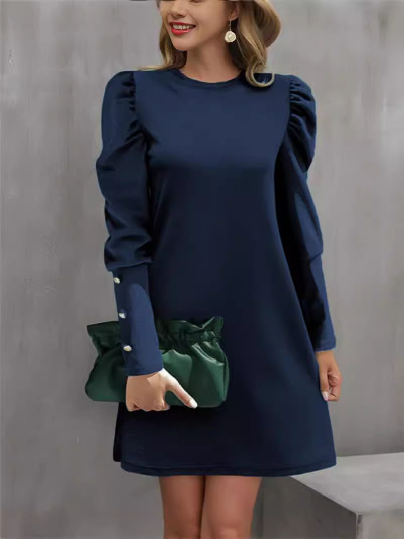 Autumn And Winter New Round Neck Bubble Sleeve Button Long Sleeve Dress