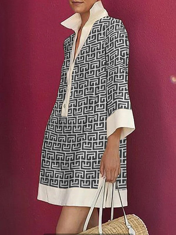 Autumn Half-sleeve Printed Loose And Elegant Shirt Dress