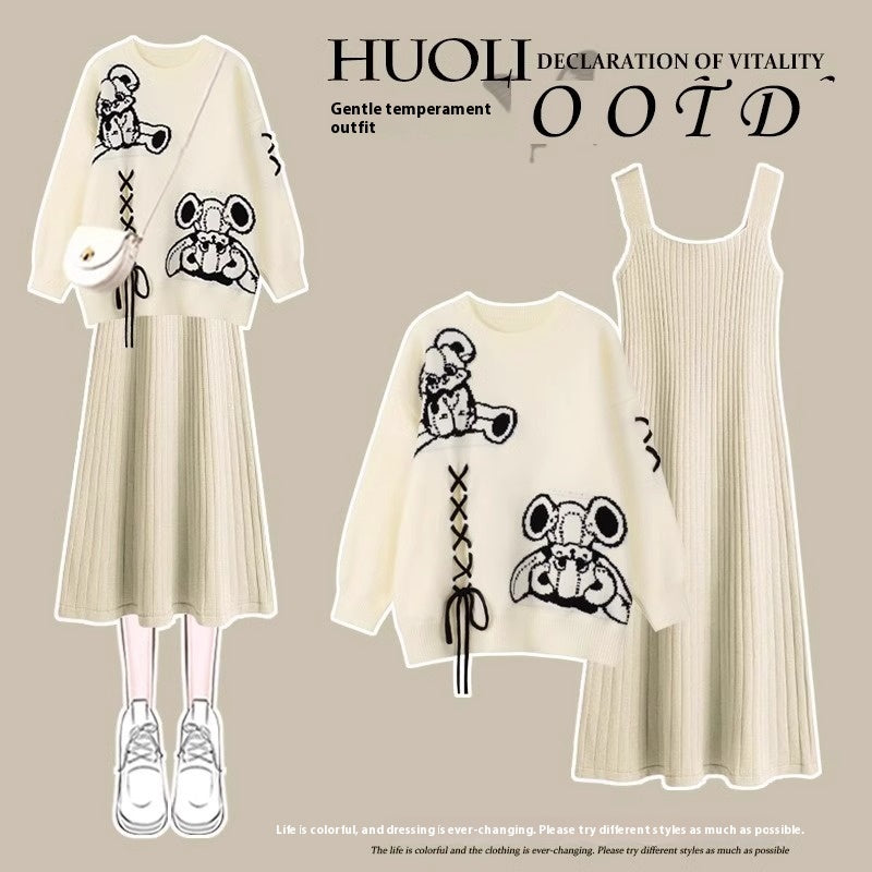 Cartoon Knitted Sweater Suspender Skirt Two-piece Set