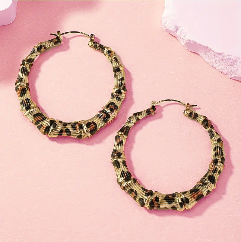 New Fashion Leopard Print Bamboo Round Hoop Earrings For Women Jewelry Punk Metal Big Circle Earring
