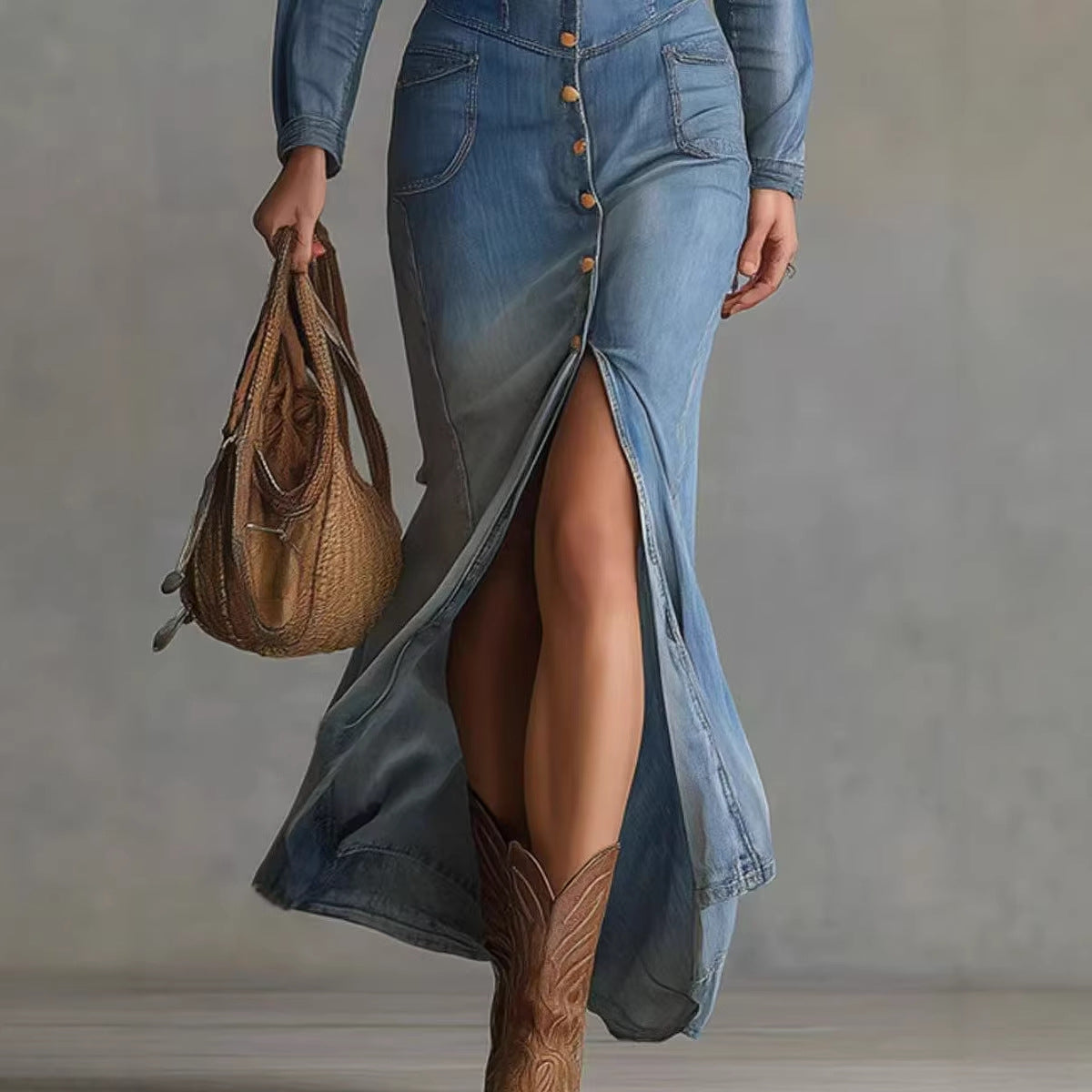 Elegant Chic Long-sleeve V-neck Solid-color Maxi Denim Dress