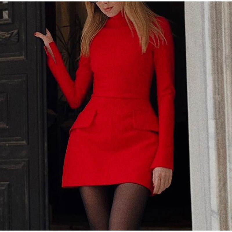 Half Turtleneck Split Cuff Pocket Skirt