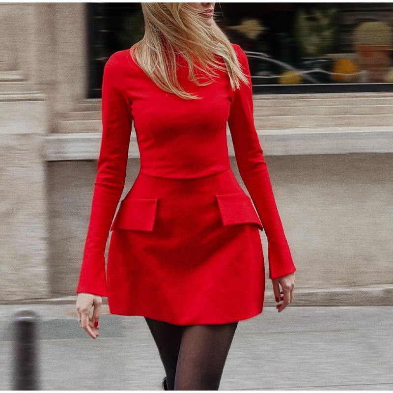 Half Turtleneck Split Cuff Pocket Skirt