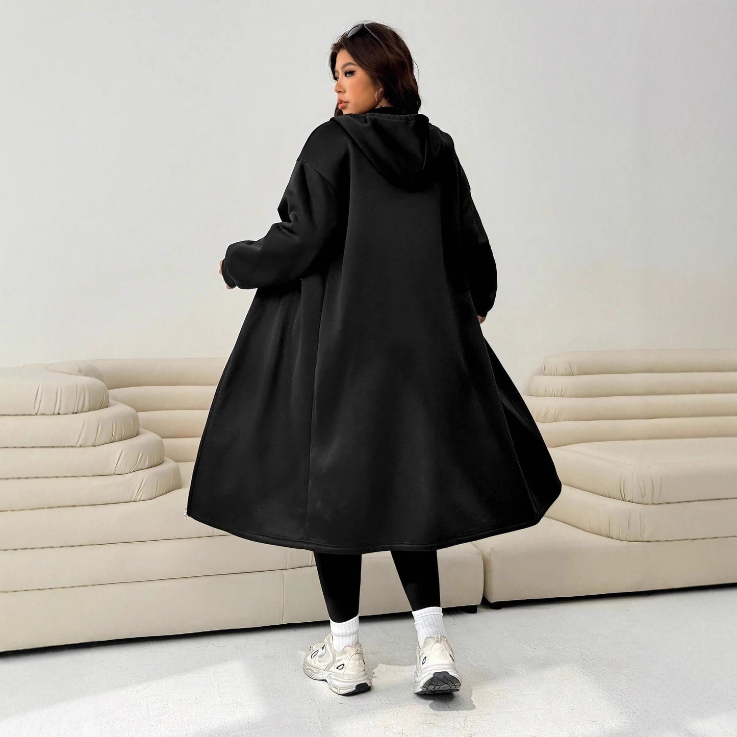 Extended Hooded Zipper Pocket Long Sleeve Loose Casual Women's Top