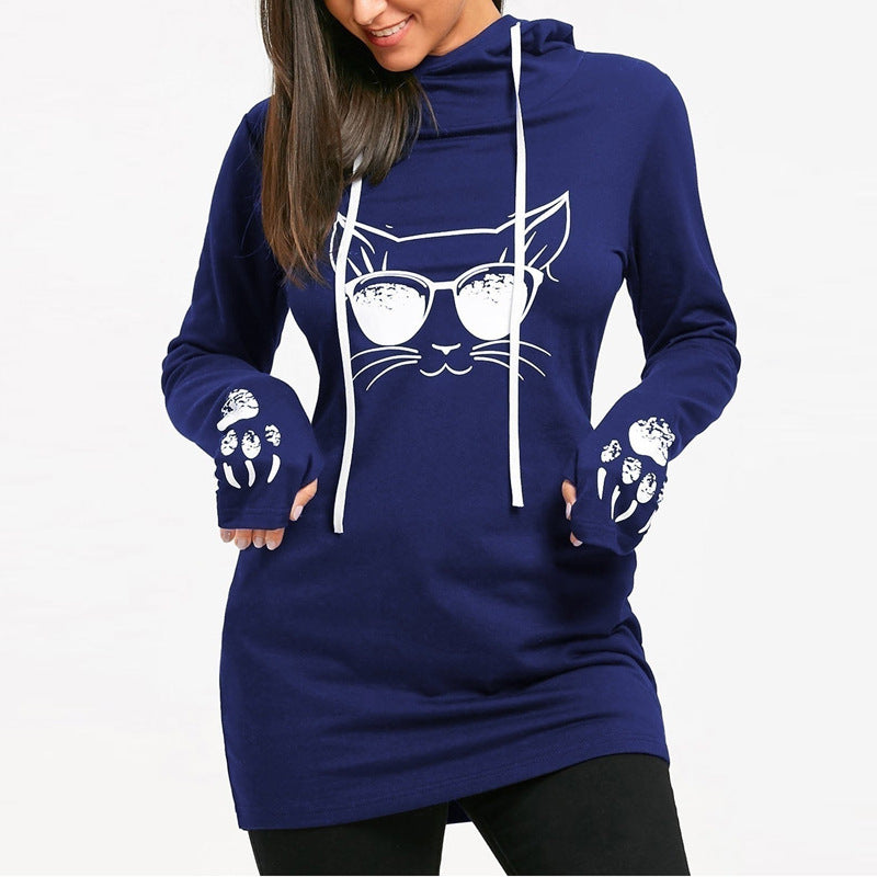 Long Sleeve Mid-Length Printed Hooded Dress