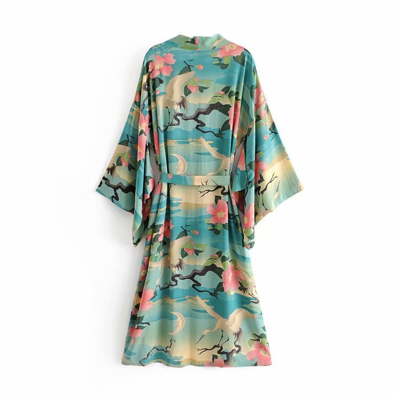 Lotus And Crane Print Lace Kimono Cotton Cardigan Women