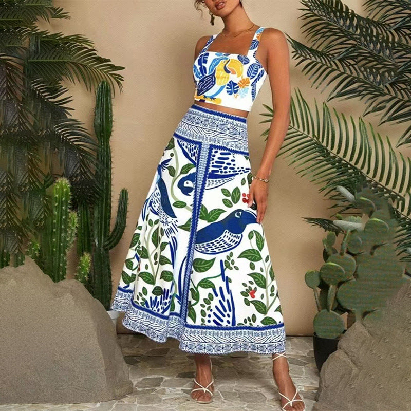 Sexy Spaghetti Straps Midriff-baring Printed Up And Down Skirt Suit