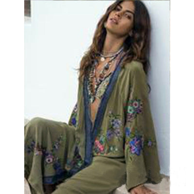 Women's heavy industry embroidery flower army green kimono bohemian cardigan dress