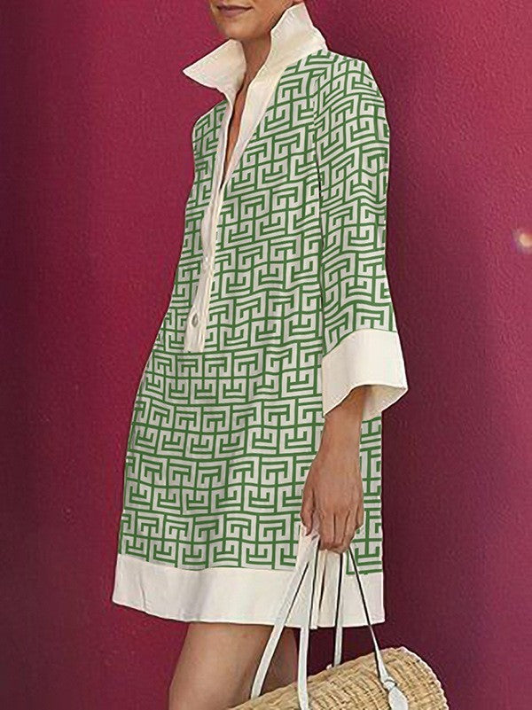 Autumn Half-sleeve Printed Loose And Elegant Shirt Dress