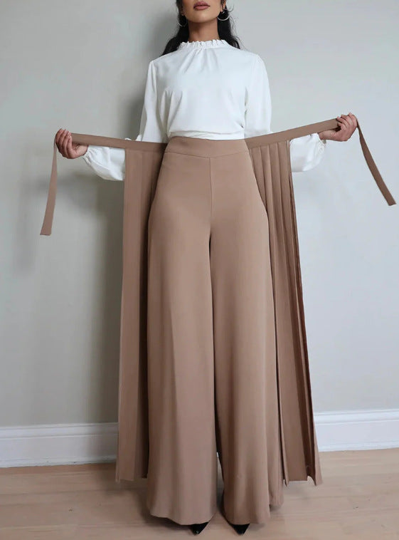 Womens Solid-Color Wide-Leg Pleated Pants With Ties