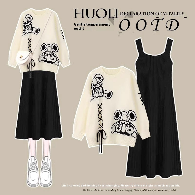 Cartoon Knitted Sweater Suspender Skirt Two-piece Set
