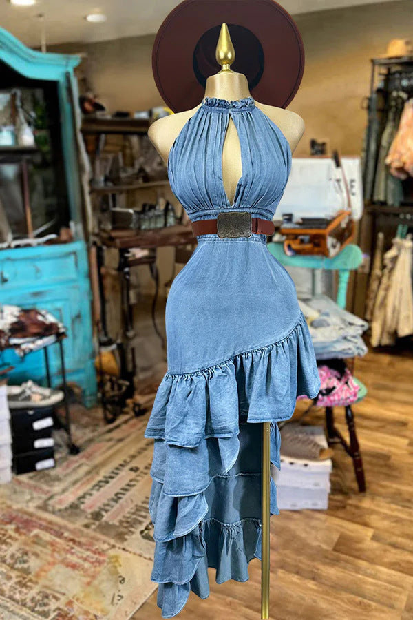 Halterneck Cutout Ruffled Asymmetrical Fashion Dress
