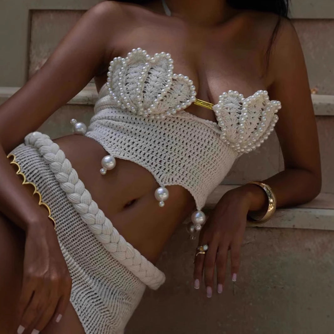 Handmade Crochet Beaded Top With Braided Waist Long Crochet Skirt