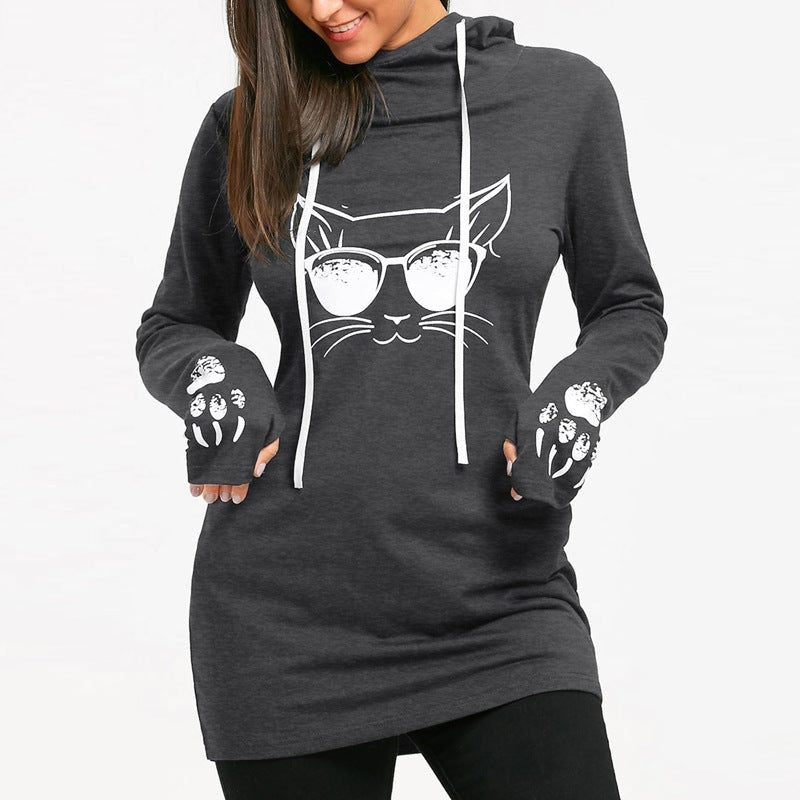Long Sleeve Mid-Length Printed Hooded Dress