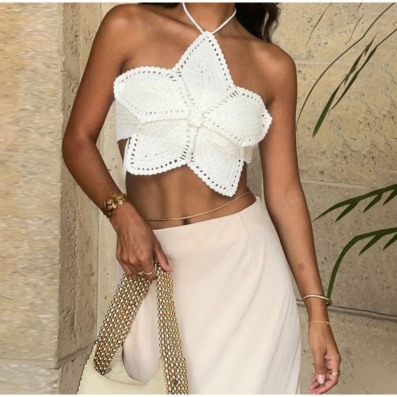 Halter Lace-up Flower Top Sweet And Spicy Young