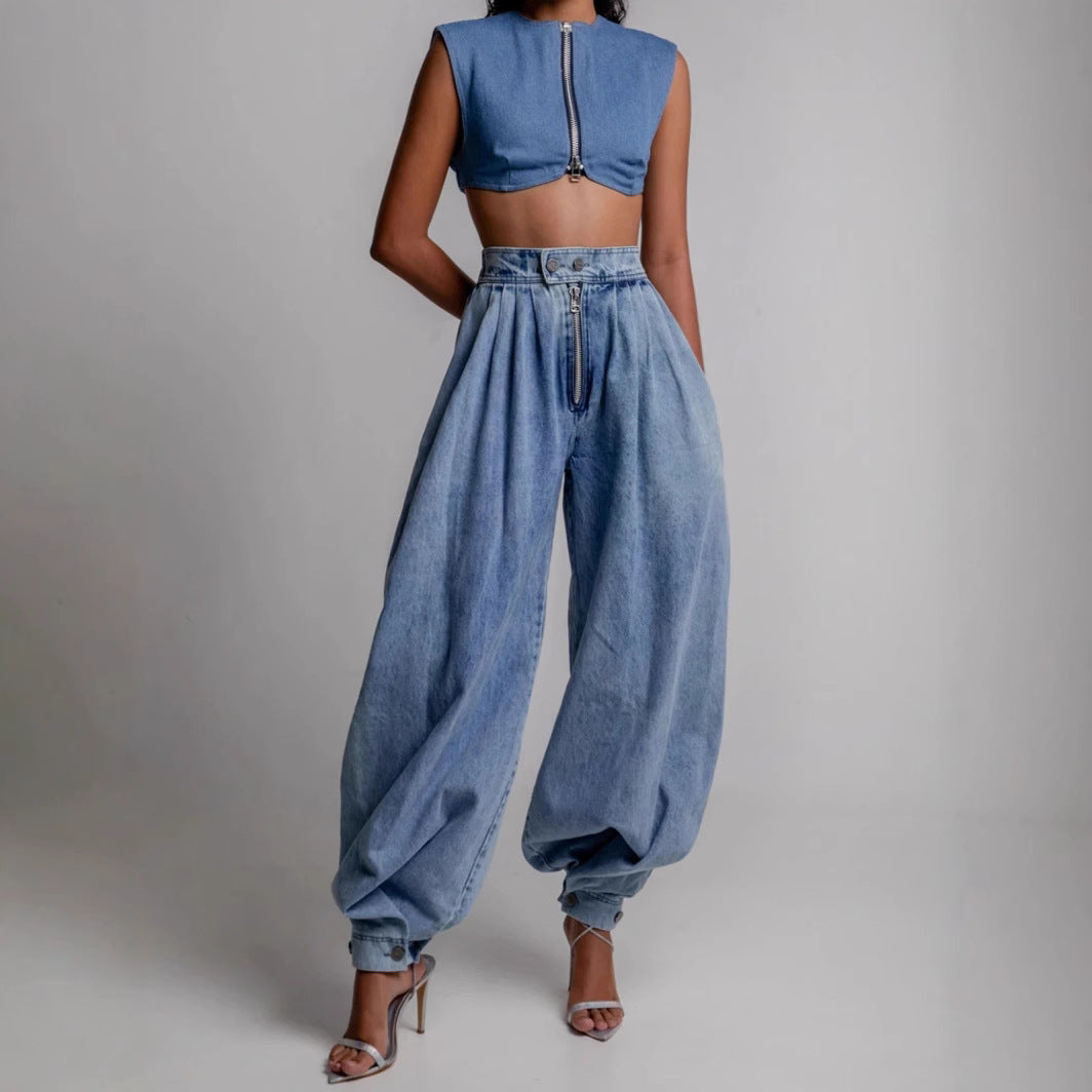 Women's Retro Loose High Waist Zipper Jeans