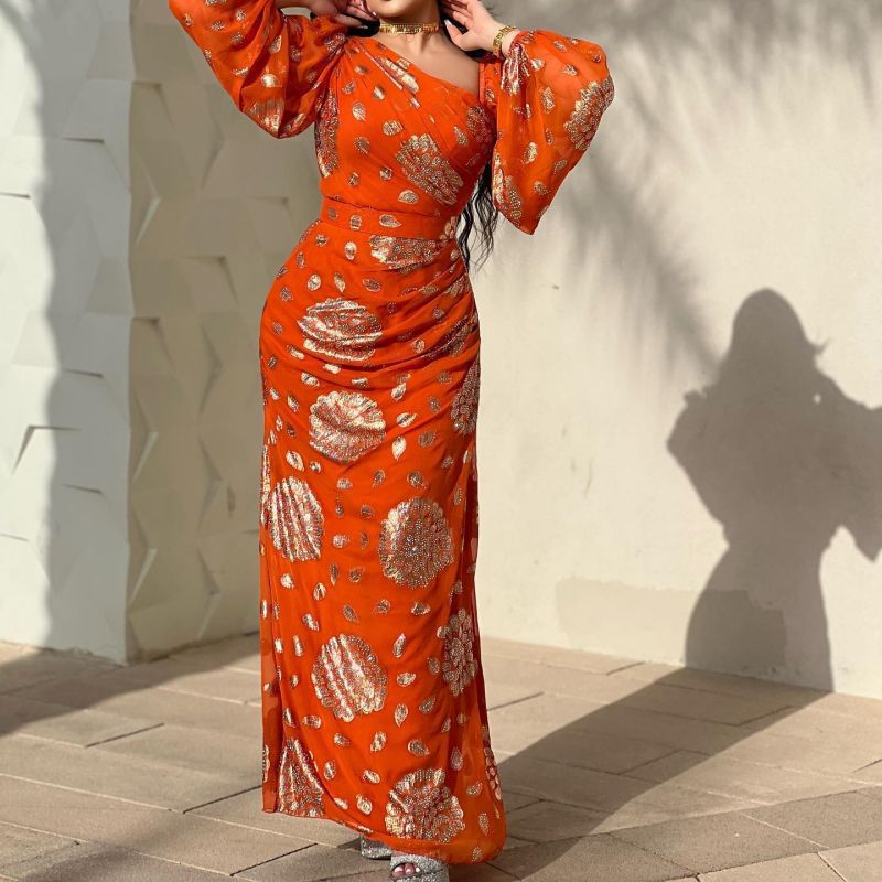 Bronze Printing Chiffon Ball Gown Dress New
