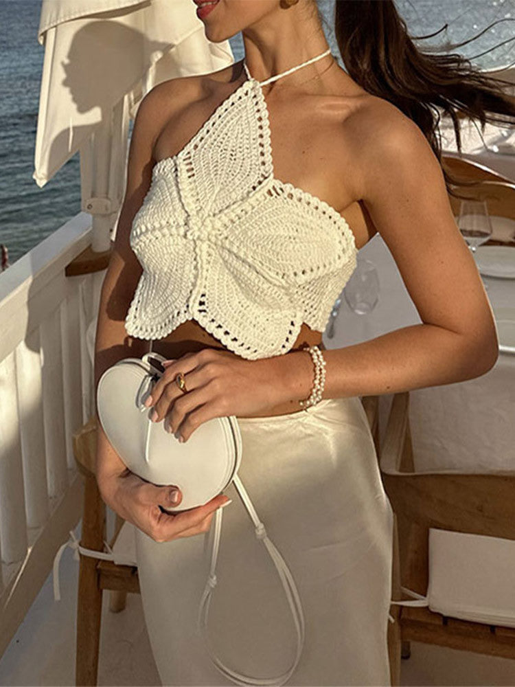 Halter Lace-up Flower Top Sweet And Spicy Young
