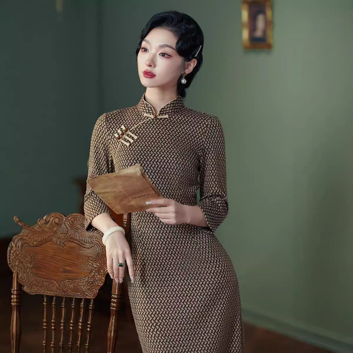 Cheongsam Autumn And Winter Houndstooth Slim Fit Elegant Simple