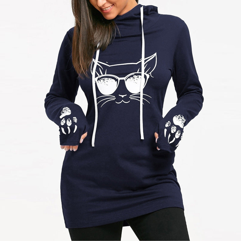 Long Sleeve Mid-Length Printed Hooded Dress