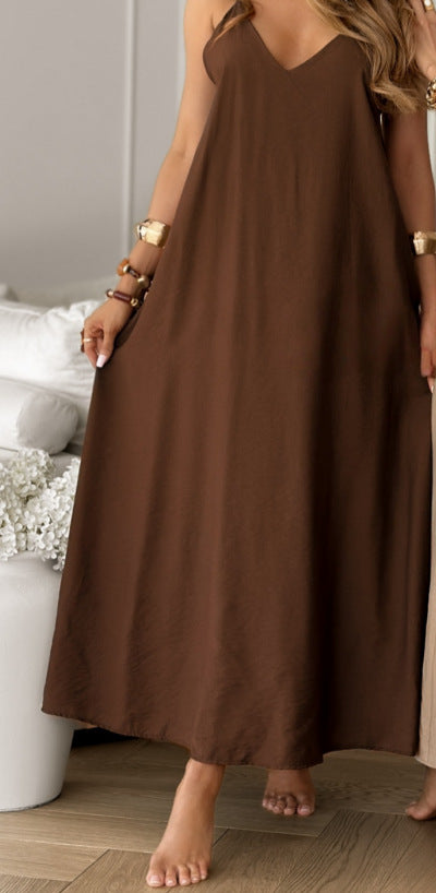 Solid Color And V-neck Sling CasualDress