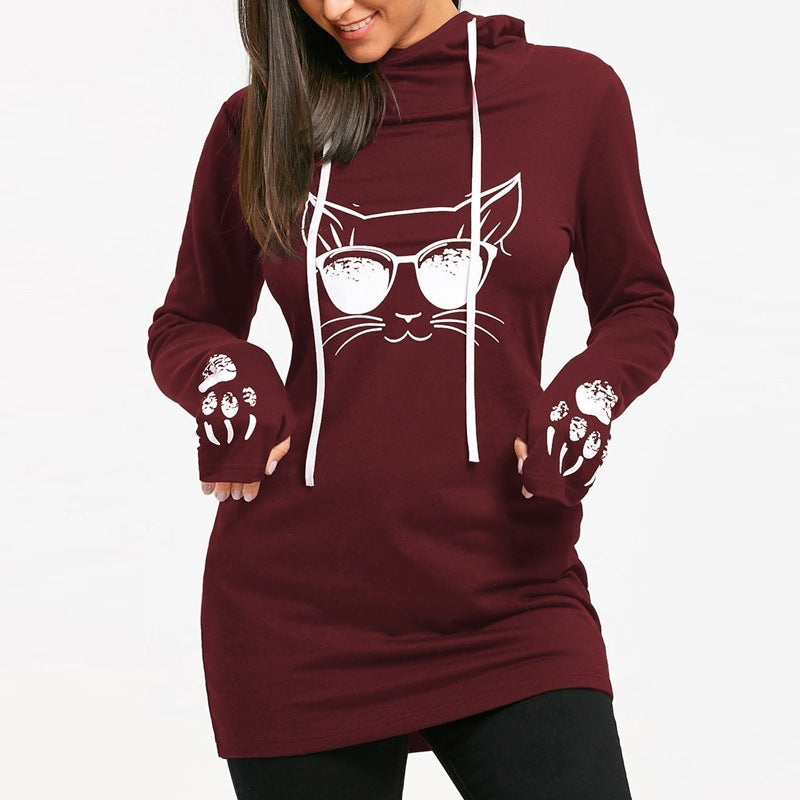 Long Sleeve Mid-Length Printed Hooded Dress