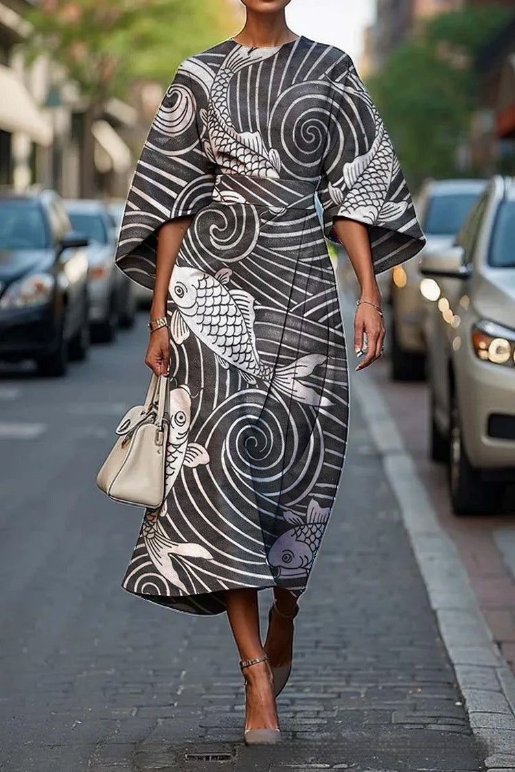 Exotic print oversized sleeve Women's Elegance Dress