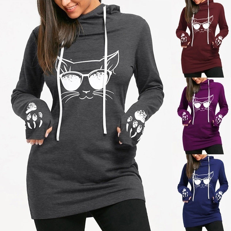 Long Sleeve Mid-Length Printed Hooded Dress