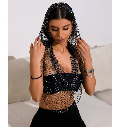 Women's Mesh Rhinestone Fishnet Top Sweet And Spicy Style Rhinestone Hooded Vest