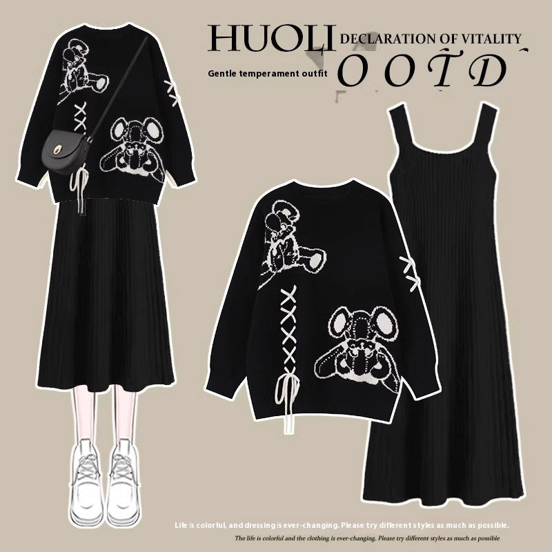 Cartoon Knitted Sweater Suspender Skirt Two-piece Set