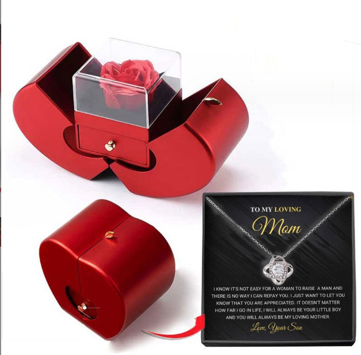 Fashion Jewelry Box Red Apple Gift Necklace Eternal Rose For Girl Mother's Day Valentine's Day Gifts With Artificial Flower Rose Jewelry Box