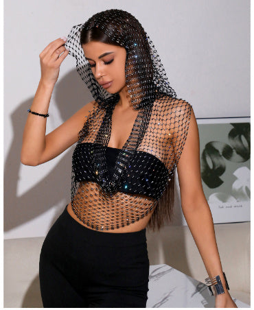 Women's Mesh Rhinestone Fishnet Top Sweet And Spicy Style Rhinestone Hooded Vest