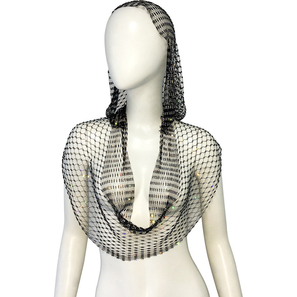 Women's Mesh Rhinestone Fishnet Top Sweet And Spicy Style Rhinestone Hooded Vest