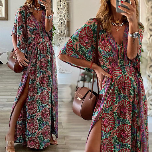 Women's V-neck Short Sleeve Midi Printed Dress