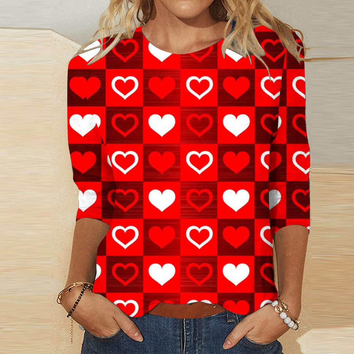 Valentine's Day Female With Hearts Printing Crew Neck T-shirt Top