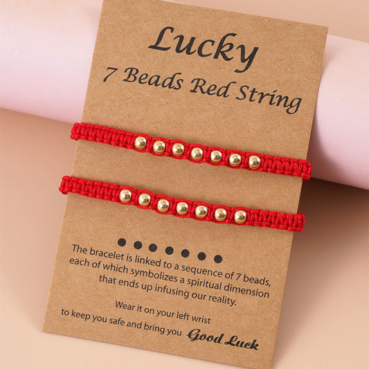 Lucky 7 Knot Golden Bead Red String Bracelet