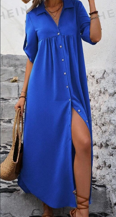 Women's Solid Color Roll-Up Sleeve Long Shirt Dress With Front Buttons, Holiday Leisure Style