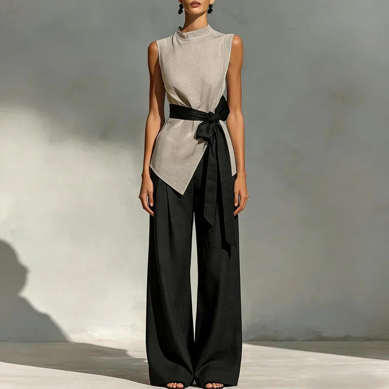 Womens Lace-Up Sleeveless Top And Wide-Leg Pants Two-Piece Set