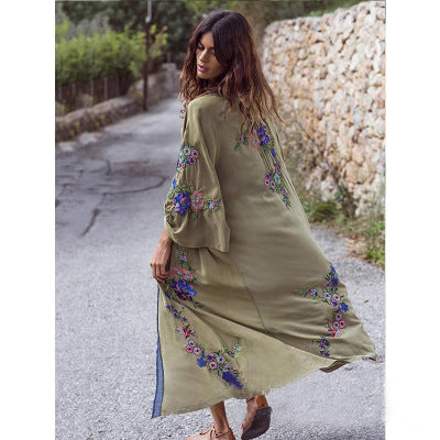Women's heavy industry embroidery flower army green kimono bohemian cardigan dress