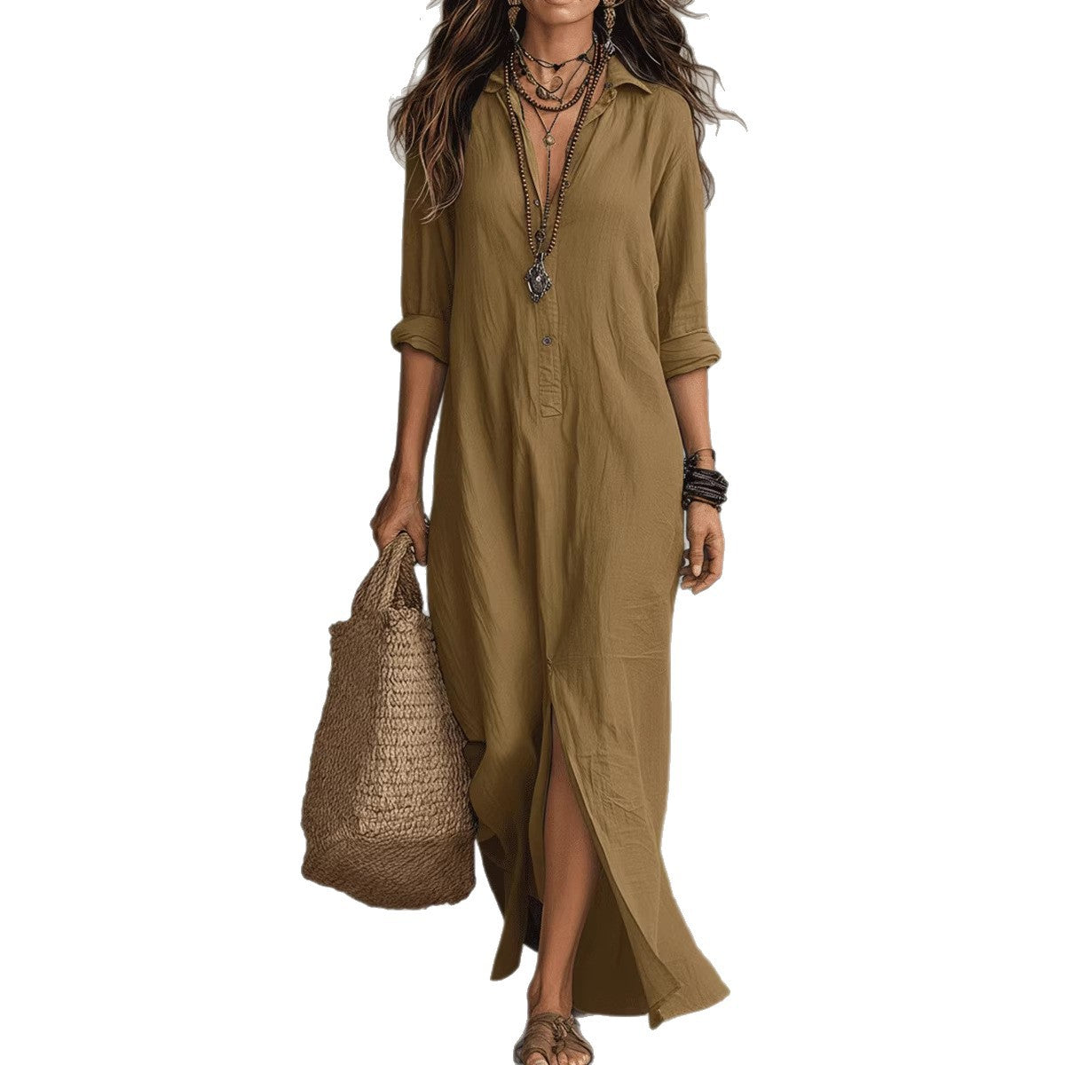 Casual Solid-color Lapel-front Slit Maxi Dress