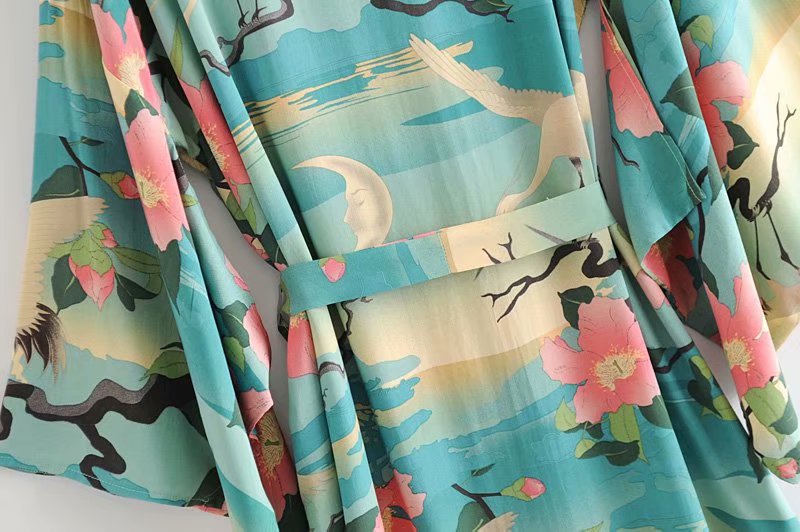 Lotus And Crane Print Lace Kimono Cotton Cardigan Women