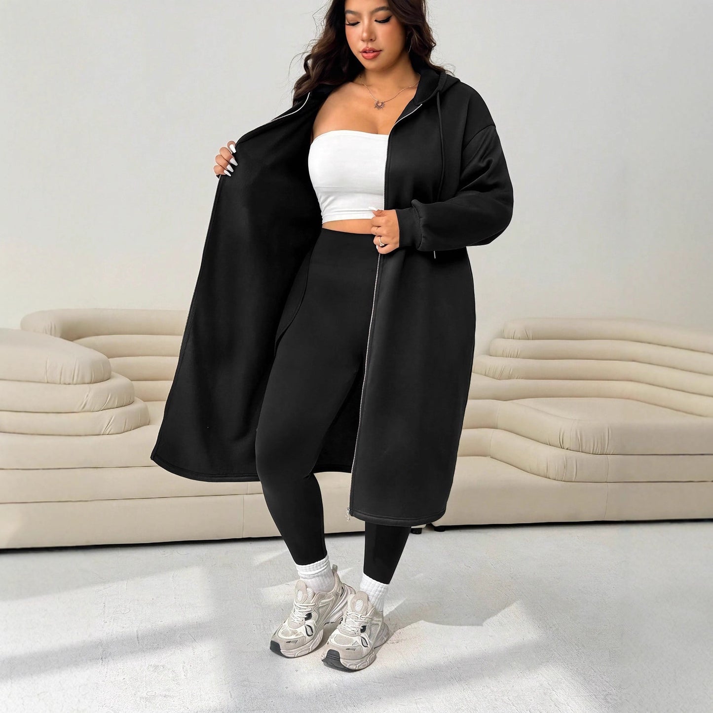 Extended Hooded Zipper Pocket Long Sleeve Loose Casual Women's Top