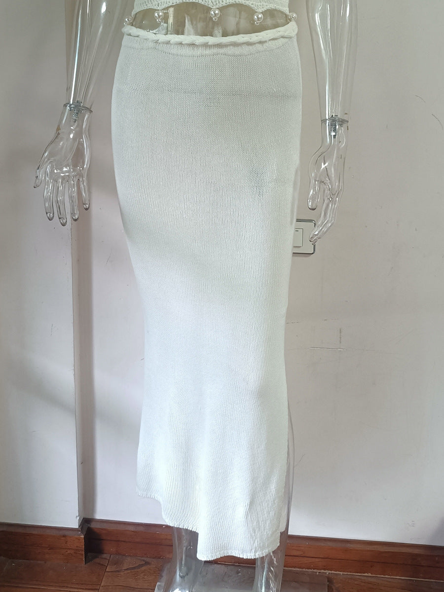 Handmade Crochet Beaded Top With Braided Waist Long Crochet Skirt
