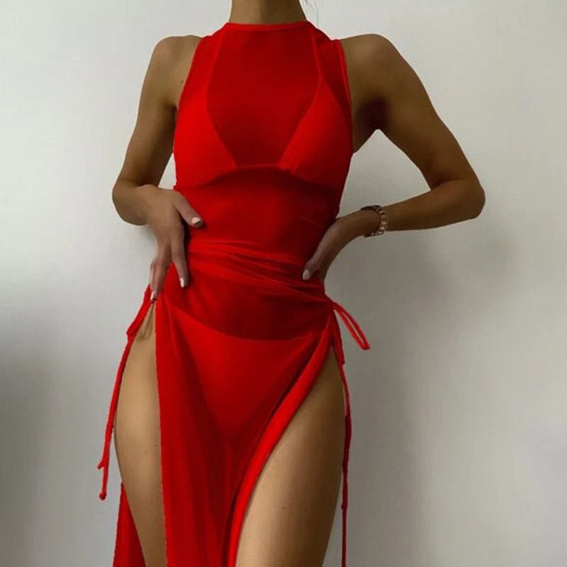 Swimsuit Solid Color Mesh Split Three Piece Set