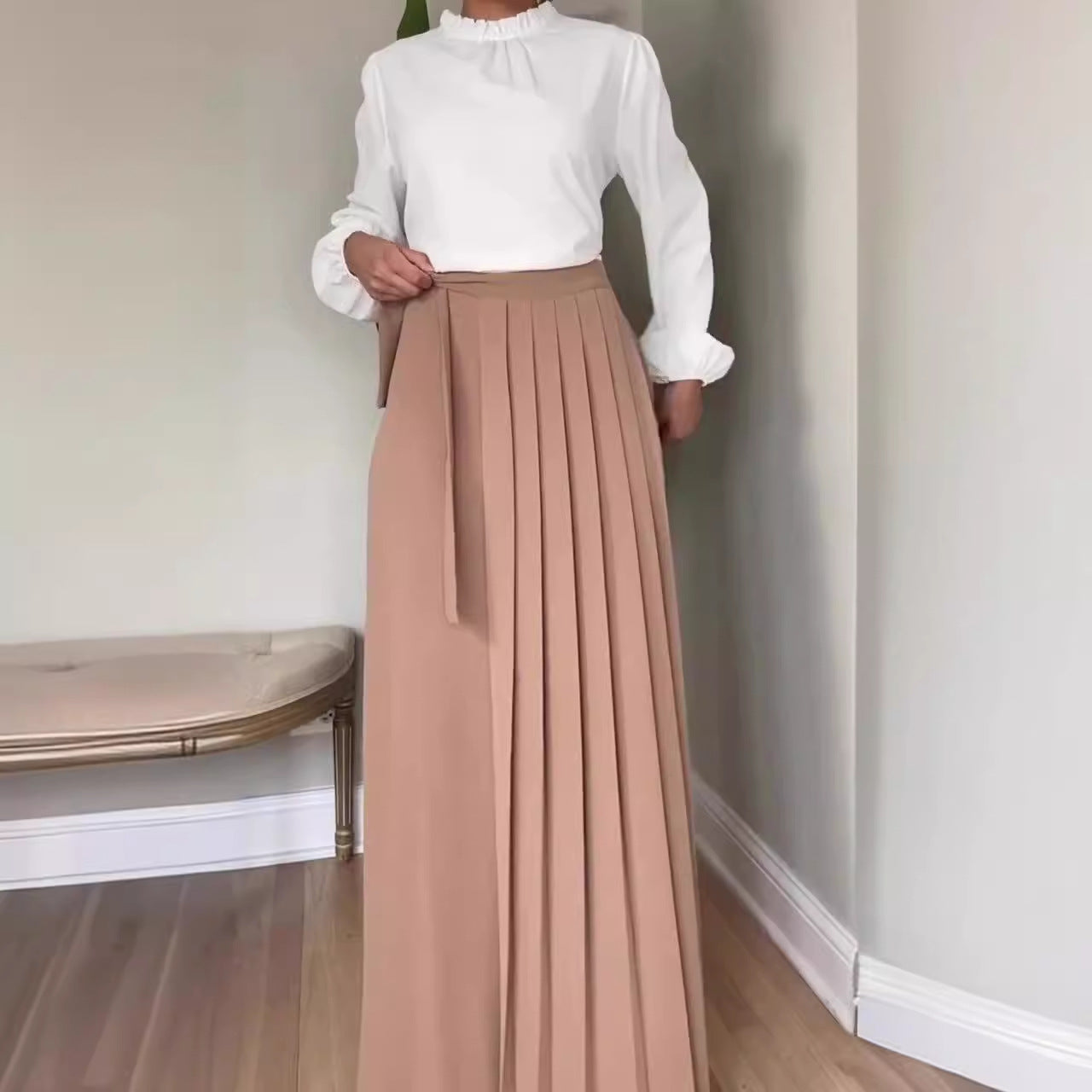 Womens Solid-Color Wide-Leg Pleated Pants With Ties