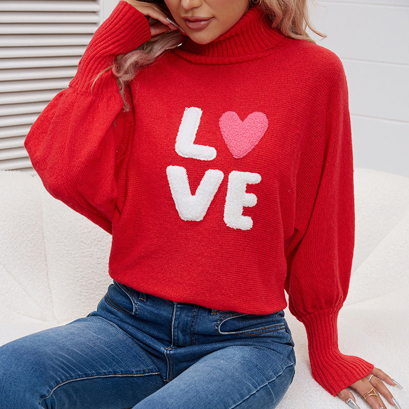 Valentine's Day LOVE Red High Collar Sweater