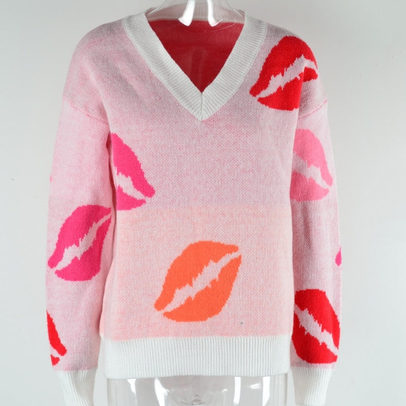 Lip Valentine's Day Sweater V-neck Knitted Pullover Sweater