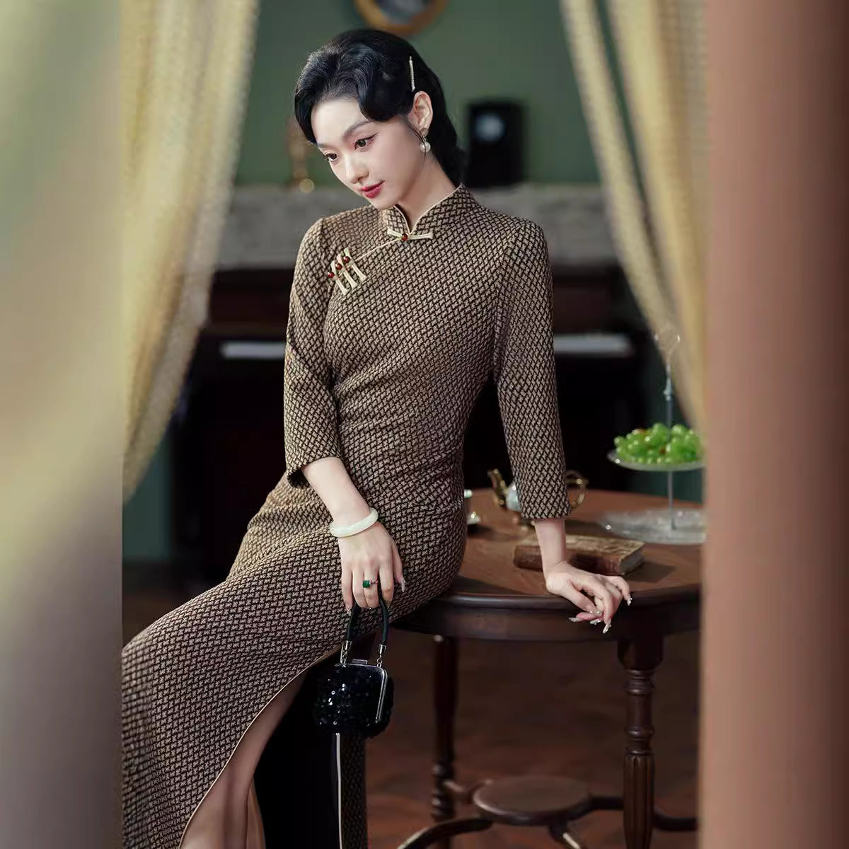 Cheongsam Autumn And Winter Houndstooth Slim Fit Elegant Simple
