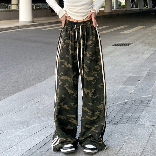 Striped Three-bar Color-block Camouflage Casual Draped Dance Sport Floor-length Trousers