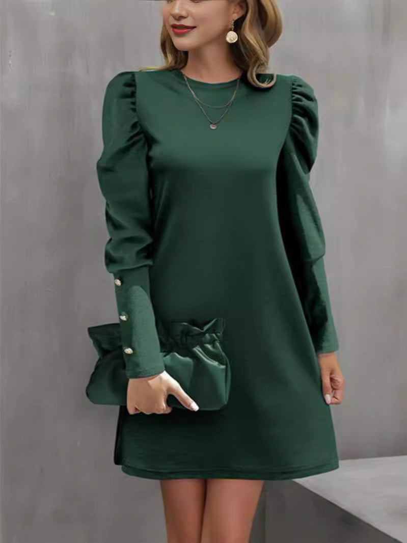 Autumn And Winter New Round Neck Bubble Sleeve Button Long Sleeve Dress